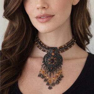 Vintage Boho Bronze Filigree Necklace - Multi-Strand Beaded Choker!